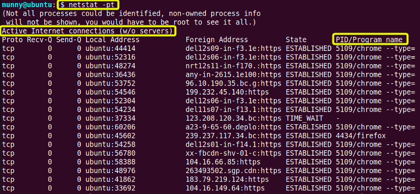 Display the PID numbers and program names using netstat command in linux.