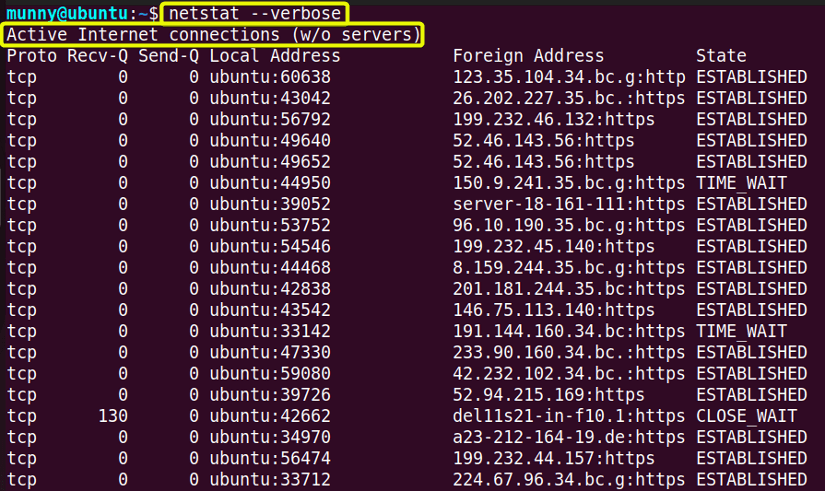 Display the verbose output of netstat command.