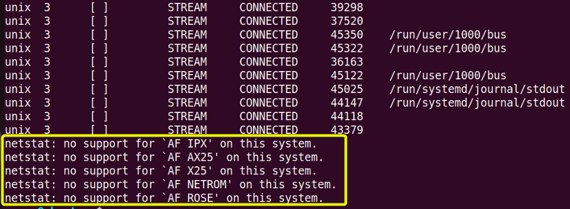 Display the list of non-supportive address families using netstat command in linux.