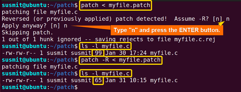 The patch command in Linux has done the job of reversing or undoing, which is why the size of the myfile.c file has lessened from 99 bytes to 65 bytes.