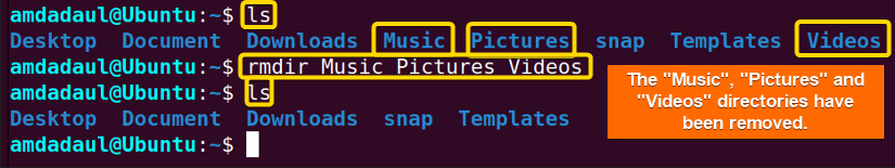 Showing that the directories named  "Music,"  "Pictures,” and "Videos" has been removed.
