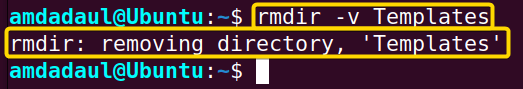 Every change due to the execution of the “rmdir” command is displayed.