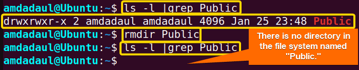 Showing that the directory named "Public" has been removed using rmdir command in Linux..