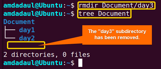 Showing that the day3 subdirectory has been removed from the directory named “Document” using rmdir command in linux.