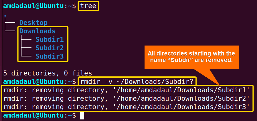 Showing that I have removed all directories that start with “Subdir” using ‘?’ with the “rmdir” command in Linux.