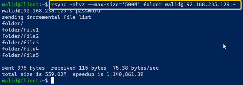 Limiting maximum size in the rsync command in Linux