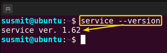 The terminal shows the version of the service command.