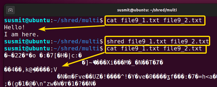 the shred command in Linux has overwritten multiple files, so random characters replace the contents of the two files.