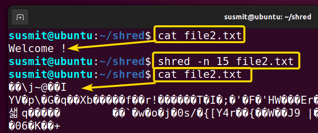 the completion of overwriting the file2.txt file 15 times using the shred command in Linux.
