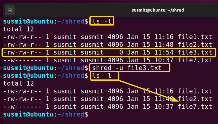 the overwriting and then deleting of the file3.txt file is done using the shred command in Linux with -u options. That is why file3.txt is missing in the directory.