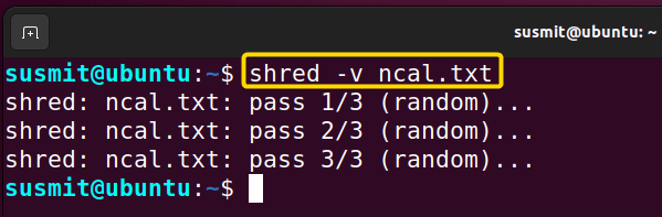 the number of overwriting of the ncal.txt file is shown using the shred command with -v options.