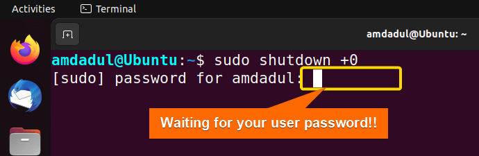 Picture showing the process of scheduling a immediate shutdown with shutdown command in linux.