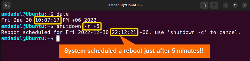Picture Showing the process of scheduling a reboot with shutdown command in linux.