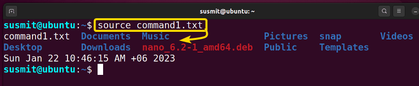 The source command in Linux executes the ls and date commands sequentially from the file command1.txt in the current directory.