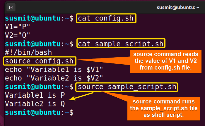 The source command in Linux has read the value of V1 and V2 from the bash script named sample_script.sh. The value of V1 and V2 was originally stored in the config.sh file.