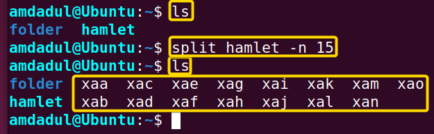 Showing that new 15 files are created after splitting the file named “hamlet” using split command in linux.