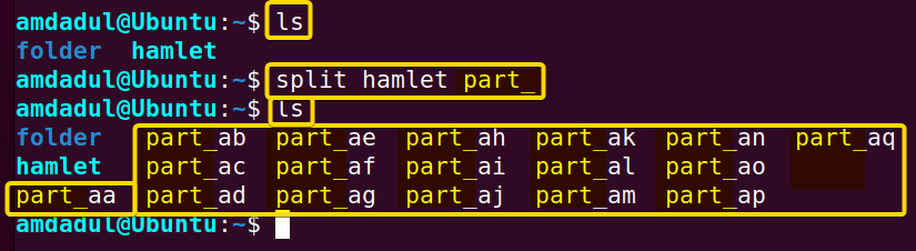 The file named “hamlet” has been split into multiple parts with the prefix “part_" using split command in Linux.