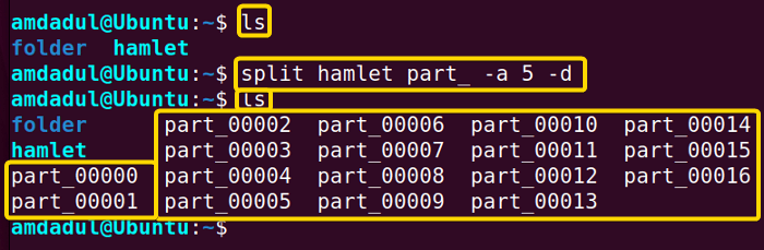 The hamlet file has been split into parts and named them in “part_0000*” format with a suffix length of “5”.