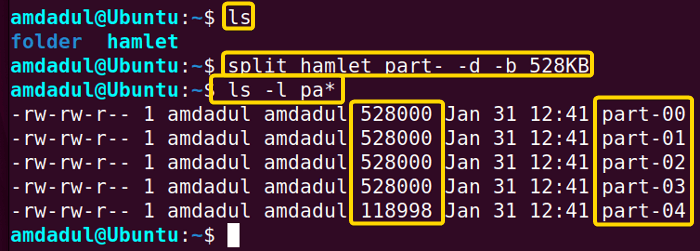 Showing that I have split the file named hamlet into multiple files of size 528 KB.