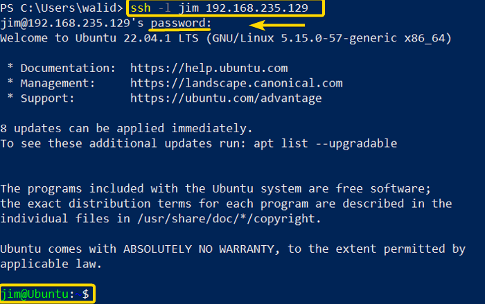 Accessing the server using the ssh command in Linux and option "-l"