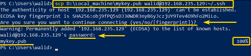Copying public key to the server using the ssh command in Linux