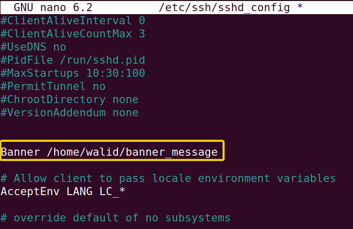 Adding link of the banner message file in the ssh in Linux config file