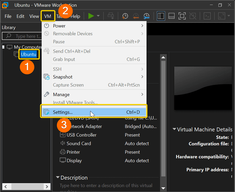 Opening setting menu in VMware Workstation