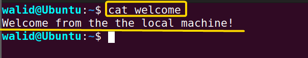 Printing the content of the "welcome" file after logging into the server using the ssh command in Linux