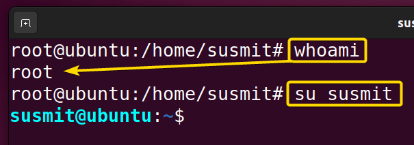 The su command in Linux has switched the user to susmit without taking the password.