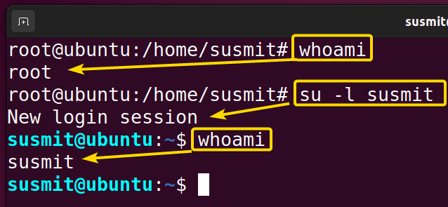 The -l option of the su command switches the user to susmit accessing the susmit’s current shell environment.