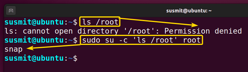 The susmit user accesses the /root folder using the -c option with the su command.
