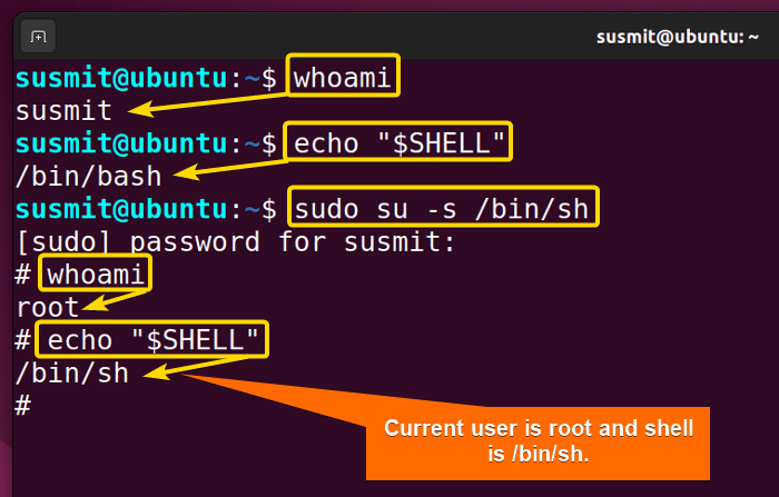 The su command switches to the root user and moves to a new shell /bin/sh.