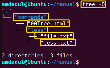Showing the outputs are in double-quotes with tree command in linux.