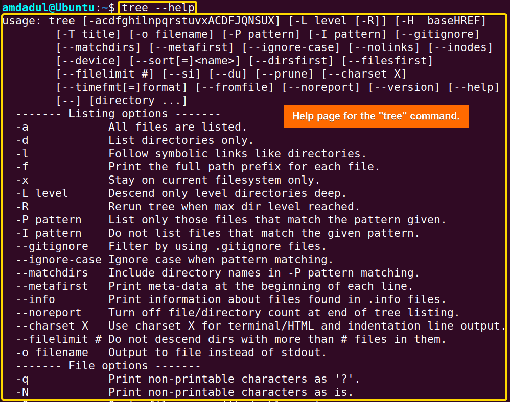 Showing the help page for the tree command in Linux.