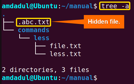 Showing the hidden file named ".abc.txt," along with other file.