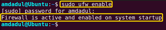 Showing the firewall activation using ufw command in linux.