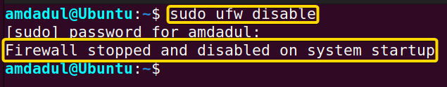 Showing the firewall deactivation using ufw command in linux.
