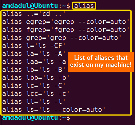 Showing the list of all alias on my machine.