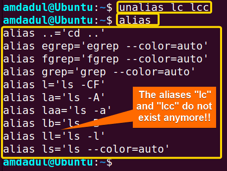 Showing the process of removing multiple aliases with unalias command in linux.
