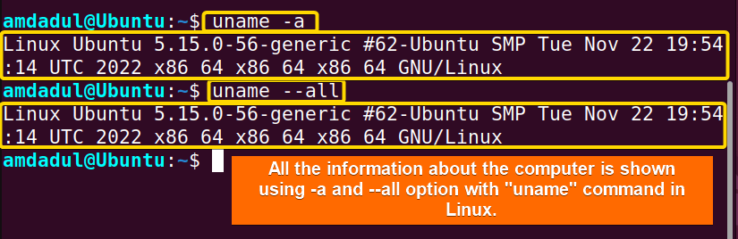 Basic information(kernel name, network node name, release details, kernel version, hardware name, platform, processor type and OS name) about Linux machine