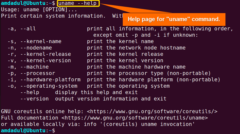 Showing the help page of the uname command in Linux.