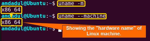 Showing the hardware name of my machine with uname command in linux.