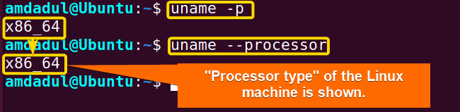 Showing the processor type of my machine with uname command in linux.