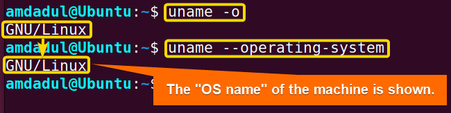 Showing the OS name of my machine with uname command in linux.