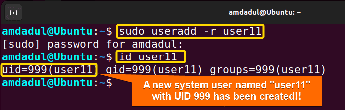A new system user named "user11" is created.