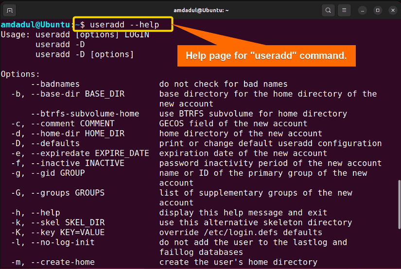 Help page for the useradd command.