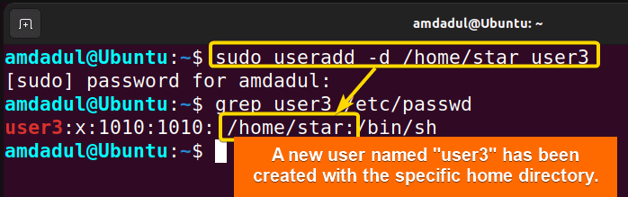 A new user named "user3" is created with a specific home directory.