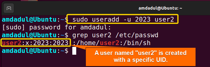 A new user named "user2" is created with specific UID.