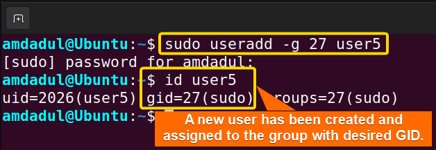 A new user named "user5" is created and assigned it the group27.