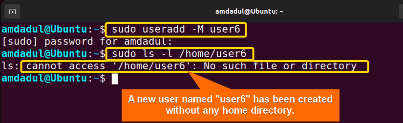 A new user named "user6" is created without home directory.